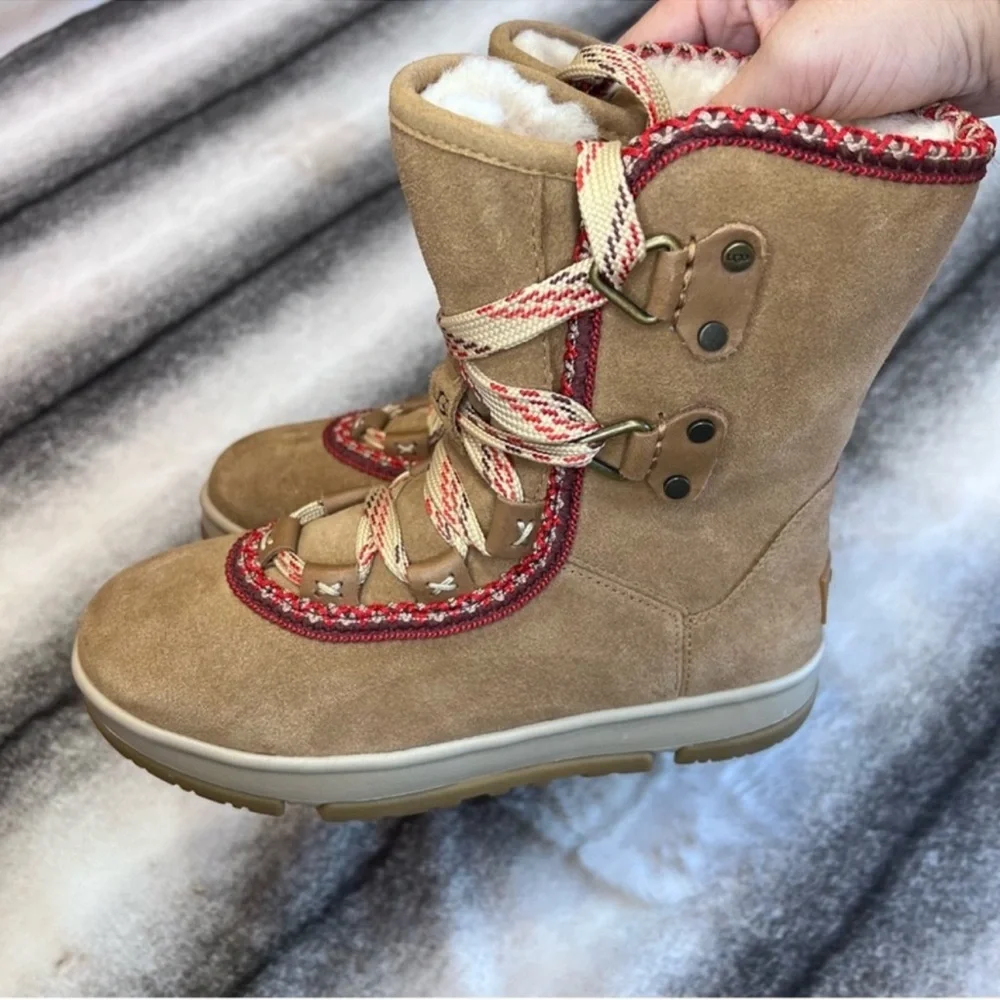 UGG Tan Suede Winter Boots with Red Trim